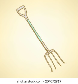 Garden fork, vintage background in sketch style 