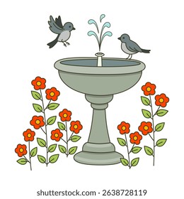 Garden fountain, bird bath with two birds and flower bushes around vector illustration, decorative design element, greeting card, poster. 