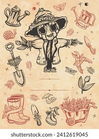 Marco de jardín. Vector de papel antiguo. Plantilla de portada. Verduras. Espantapájaros, latas de riego, carretas de jardín, botas, palas. Fondo vertical