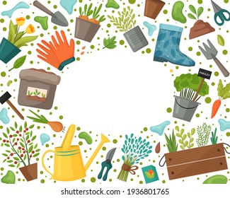 Garden frame with tools and plants. Gardening or horticulture concept. Design for flyer template, logo, print, packaging, card. Vector illustration.