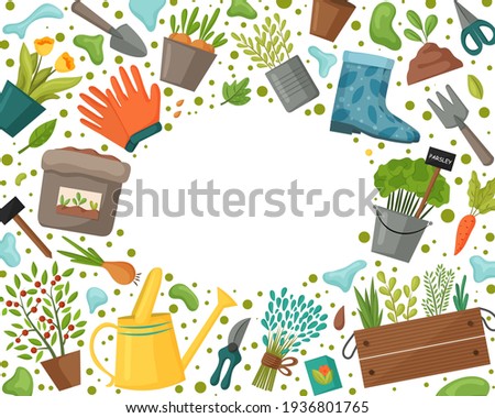 Garden frame with tools and plants. Gardening or horticulture concept. Design for flyer template, logo, print, packaging, card. Vector illustration.