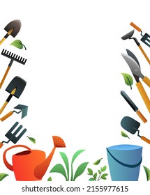 Garden frame. Tools for working in the garden. Shovels rakes and hoes. Crop farmer. Agricultural rural garden tool. Isolated on white background. Watering can and bucket for watering. Vector