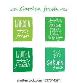 Garden fresh hand drawn logos. White on tones of green colour rectangle background with rough edges.