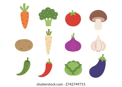 Garden fresh vegetable set with carrot, broccoli, tomato, mushroom, potato, parsnip, onion, garlic, chili, cabbage, and eggplant flat vector