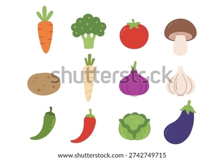 Garden fresh vegetable set with carrot, broccoli, tomato, mushroom, potato, parsnip, onion, garlic, chili, cabbage, and eggplant flat vector