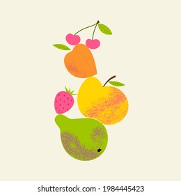 Garden fruit balance composition. Pear, apple, peach, cherry, strawberry. Healthy food concept with flat hand drawn textured illustration. Summer juice cute print for tote bag, poster or t-shirt.