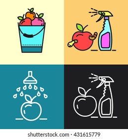 Garden, fruit crops, watering, spraying from garden pests, gardening, vector icons.