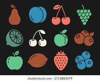 Iconos de frutas de jardín. Conjunto de iconos sólido y lleno de frutas de jardín manzana, fresa, limón, cereza