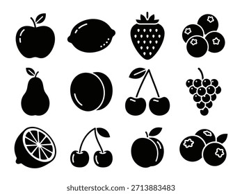 Iconos de frutas de jardín. Conjunto de iconos sólido y lleno de frutas de jardín manzana, fresa, limón, cereza, arándano, melocotón, pera, uva
