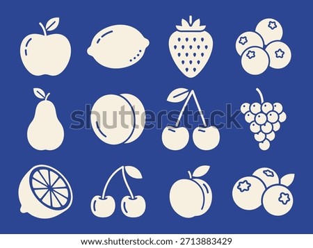 Garden Fruit Icons. Solid, filled icon set of garden fruits apple, strawberry, lemon, cherry, blueberry, peach, pear