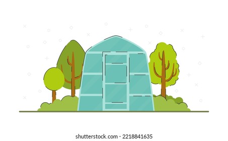 Garden with fruit trees, bushes, flowers. 