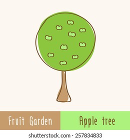 Garden fruit trees - single apple tree - hand-drawn doodles. Vector illustration.