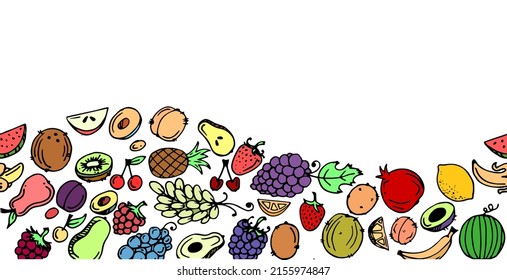 Garden fruits. Edible food plants. Bottom border at edge. Continuous seamless picture. Hand drawing outline. Isolated on white background. Vector.
