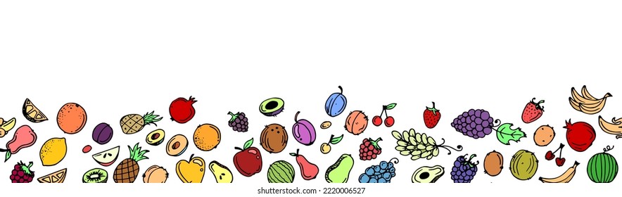 Garden fruits. Edible food plants. Hand drawing outline. Continuous seamless picture. Bottom border at edge. Isolated on white background. Vector