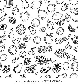 Garden fruits. Seamless pattern. Edible food plants. Monochrome drawing. Hand drawing outline. Isolated on white background. Vector