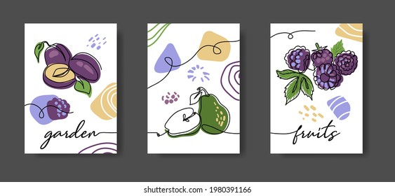 Garden fruits wall line art decoration. Pum, pear, blackberry. Set of vector illustrations, one continuous line decoration for kitchen or cafe wall.
