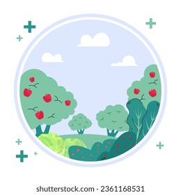 Jardín lleno de alimento para fuerte ilustración vectorial del sistema inmune. Dibujo de caricatura de círculo con manzanos, arbustos con bayas, cabañas, prado verde. Inmunidad, salud, conco natural