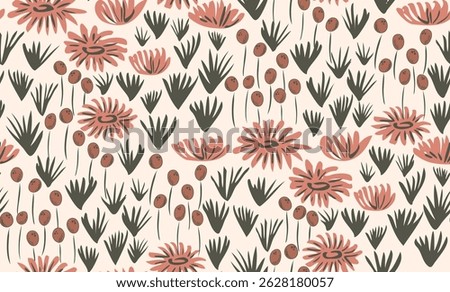 A garden full of weeds, grass and flowers giving a maximalist retro vibe in colors of pink, brown and green on off white background. Seamless vector pattern. Great for home decor, fabric, wallpaper.