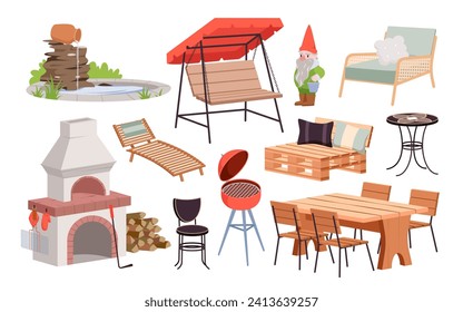 Garden furniture and barbecue equipment set vector illustration. Cartoon isolated outdoor loft wooden chair and hanging couch swing with cushion and canopy, gnome and fireplace, terrace table