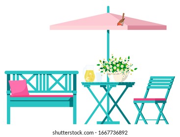 Garden furniture bench, chair with table under umbrella.