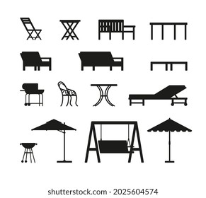 Garden furniture black silhouette icons or symbols set, flat vector illustration isolated on white background. Garden and yard furnishing and equipment.