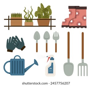 Garden furniture. Botanical garden. Concept of home gardening, flowers and plants at home and outdoor. Gardening equipment.