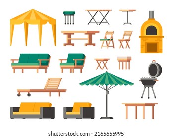 Garden furniture. Cartoon wooden patio chair table and sofa, lounge outdoor terrace icons, backyard umbrella and barbecue grill. Vector isolated set. Comfortable furnishing for outdoor leisure