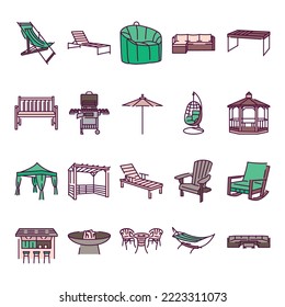 Garden furniture color line icons set. Pictograms of folding deck chairs, sun lounger bean bag chair
couch tables, bench, barbecue grill umbrella, hanging wicker chair, gazebo, pergola, patio stools