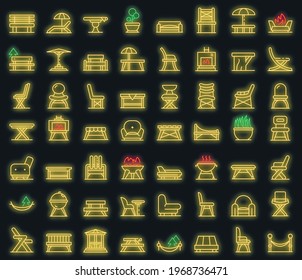 Garden furniture icons set. Outline set of Garden furniture vector icons neoncolor on black