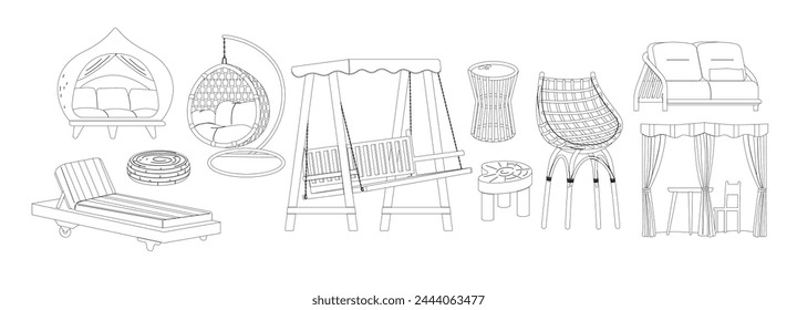 Garden Furniture Isolated Outline Monochrome Vector Icons Set. Backyard Elements, Summer Terrace And Patio Items