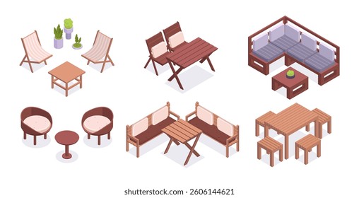 Garden furniture. Isometric chairs and coffee tables, comfortable backyard or terrace furniture 3d vector illustration set. Backyard furniture collection