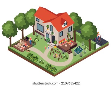 Garden furniture isometric composition with outdoor view of villa with backyard soft furniture barbecue and swing vector illustration