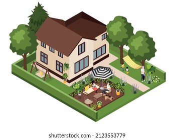 Garden furniture isometric composition with outdoor scenery and town house with chill spot swing and hammock vector illustration