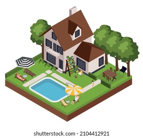 Garden furniture isometric composition with view of house with backyard pool and lounge chairs with umbrellas vector illustration