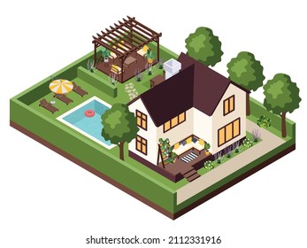 Garden furniture isometric composition with view of private villa with trees green fence pool and summerhouse vector illustration