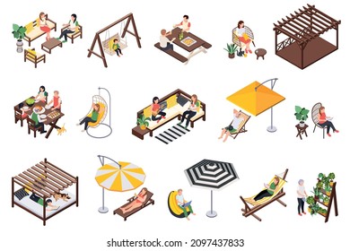 Garden furniture isometric set with isolated compositions of people chilling on soft furniture with summerhouse umbrellas vector illustration