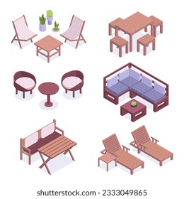 Garden furniture. Isometric table, chairs, bench and sunbed. Terrace or backyard furniture 3d vector illustration set. Comfortable garden furniture