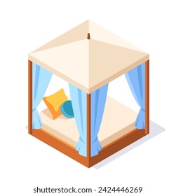 Garden furniture isometry concept. Alcove with bed and pillows. Comfort and coziness at backyard. Sticker for social networks. Cartoon 3D vector illustration isolated on white background
