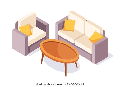 Garden furniture isometry concept. Comfortable sofa with wooden table. Comfort and coziness at backyard. Poster or banner. Cartoon 3D vector illustration isolated on white background