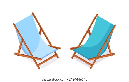 Garden furniture isometry concept. Two blue sun loungers. Comfort and coziness at backyard. Sticker for social networks. Cartoon 3D vector illustration isolated on white background