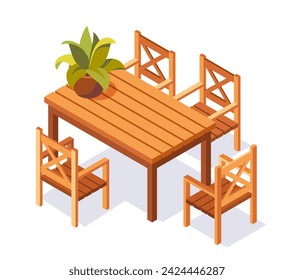 Garden furniture isometry concept. Wooden table with chairs. Comfort and coziness at backyard. Poster or banner for website. Cartoon 3D vector illustration isolated on white background