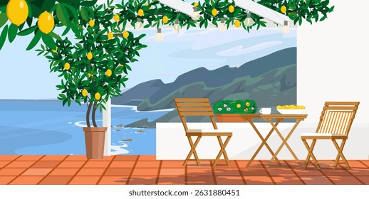 Garden furniture on the balcony with pots of flowers and a lemon tree. Vector flat illustration.