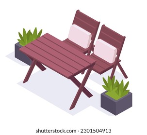 Garden furniture set. Isometric table and chairs, wooden comfortable backyard or terrace furniture 3d vector illustration