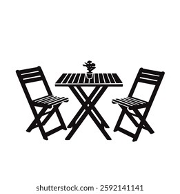 Garden furniture silhouette, table and chairs, black monochrome vector