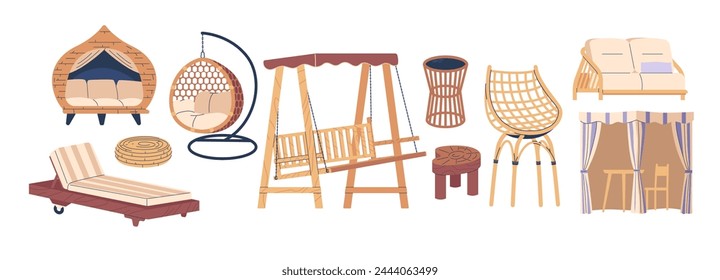 Garden Furniture Types. Backyard Elements, Summer Terrace And Patio Outdoor Lounge Items for Relaxation Vector Set