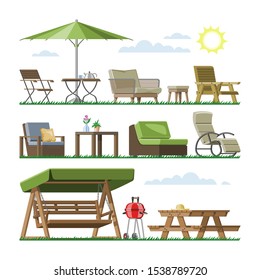 Garden furniture vector table chair seat on terrace design outdoor in summer backyard outside illustration gardening relaxation set of furnished armchair isolated on white background.