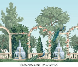 Garden gallery with peacock and fountain mural. Classic landscape.	