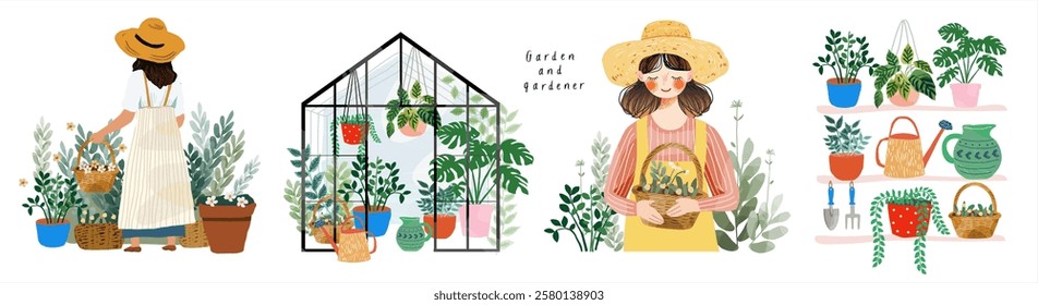 Garden, gardener and greenhouse. Vector cute watercolor isolated illustration of girl with basket with flowers, shelves with pots with plants, watering can, woman work in garden on white background