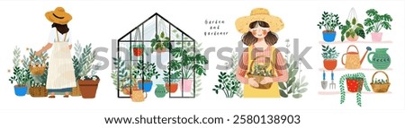 Garden, gardener and greenhouse. Vector cute watercolor isolated illustration of girl with basket with flowers, shelves with pots with plants, watering can, woman work in garden on white background