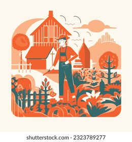 Garden and gardener. Vector illustration of a male farmer growing plants and harvesting crops on the farm among the field, landscape and greenhouse. Drawing for poster or postcard